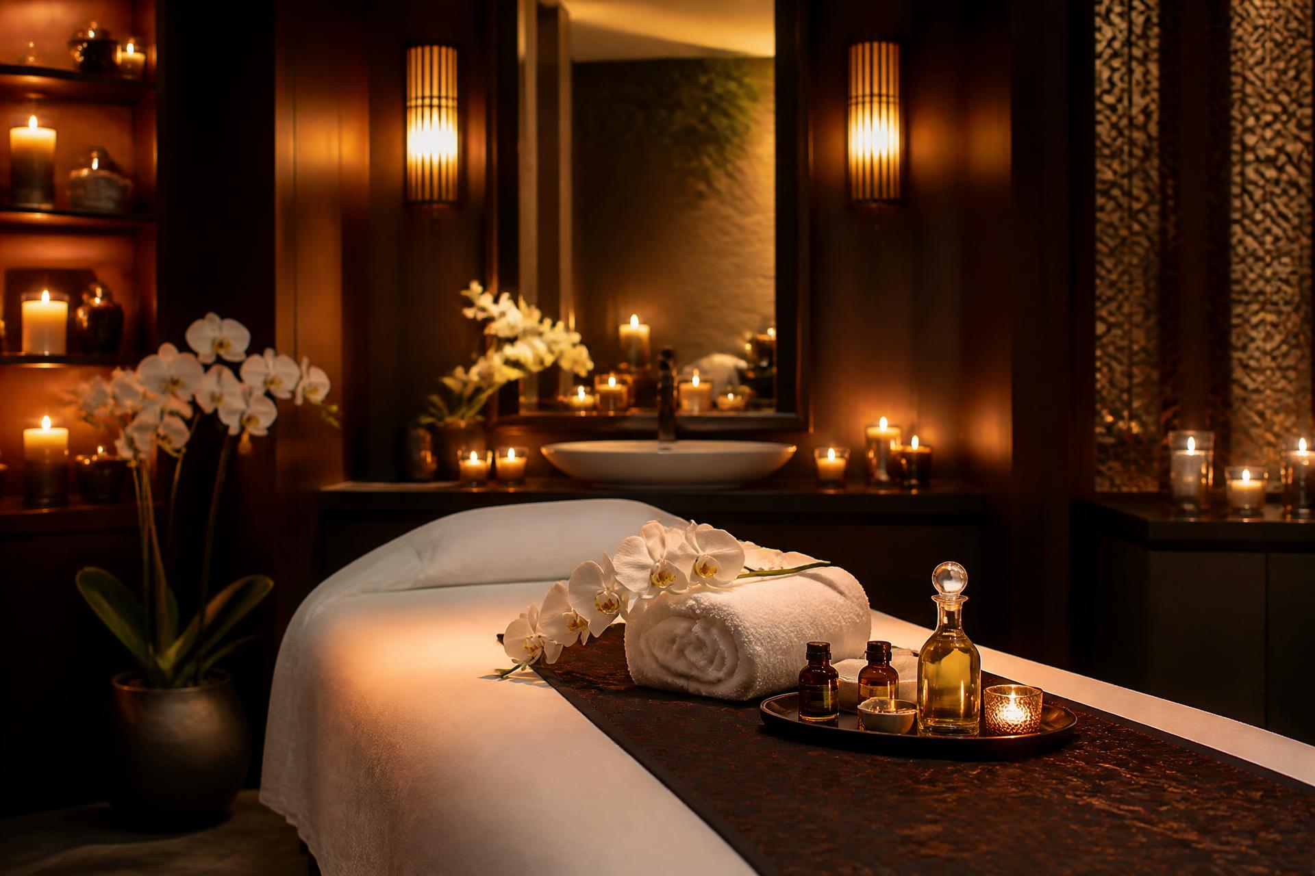 Luxury spa treatment room with warm candlelight and orchids
